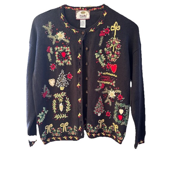 Vtg Tiara International Christmas Cardigan Sweater Embroidered And Beaded Size M - Picture 1 of 16
